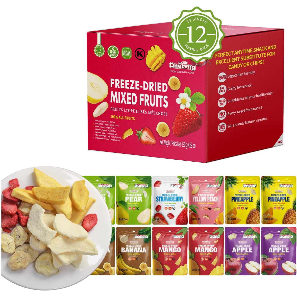 ONETANG Freeze-Dried Mixed Fruit, 12 Pack Single-Serve Pack, Non GMO, Kosher, No Add Sugar, Gluten free, Vegan, Holiday Gifts, Healthy Snack 0.35 Ounce