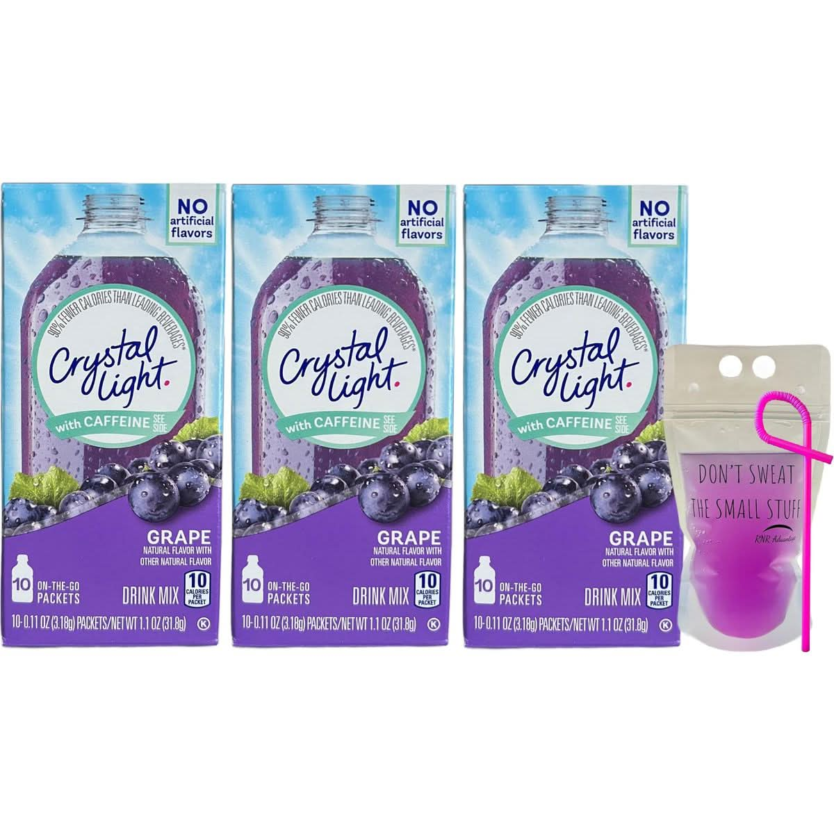 Crystal Light Grape Sugar Free On The Go Energy Packets With Caffeine 10 Low Calorie Packets Per Box Pack of 3 Boxes Bundle with Drink Pouch and Straw