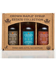 Crown Maple Artisan Trio Collection in Petite 50ML 17 Fl Oz Window Box featuring Bourbon Barrel Aged Madagascar Vanilla Infused and Cinnamon Infused Organic Maple Syrup