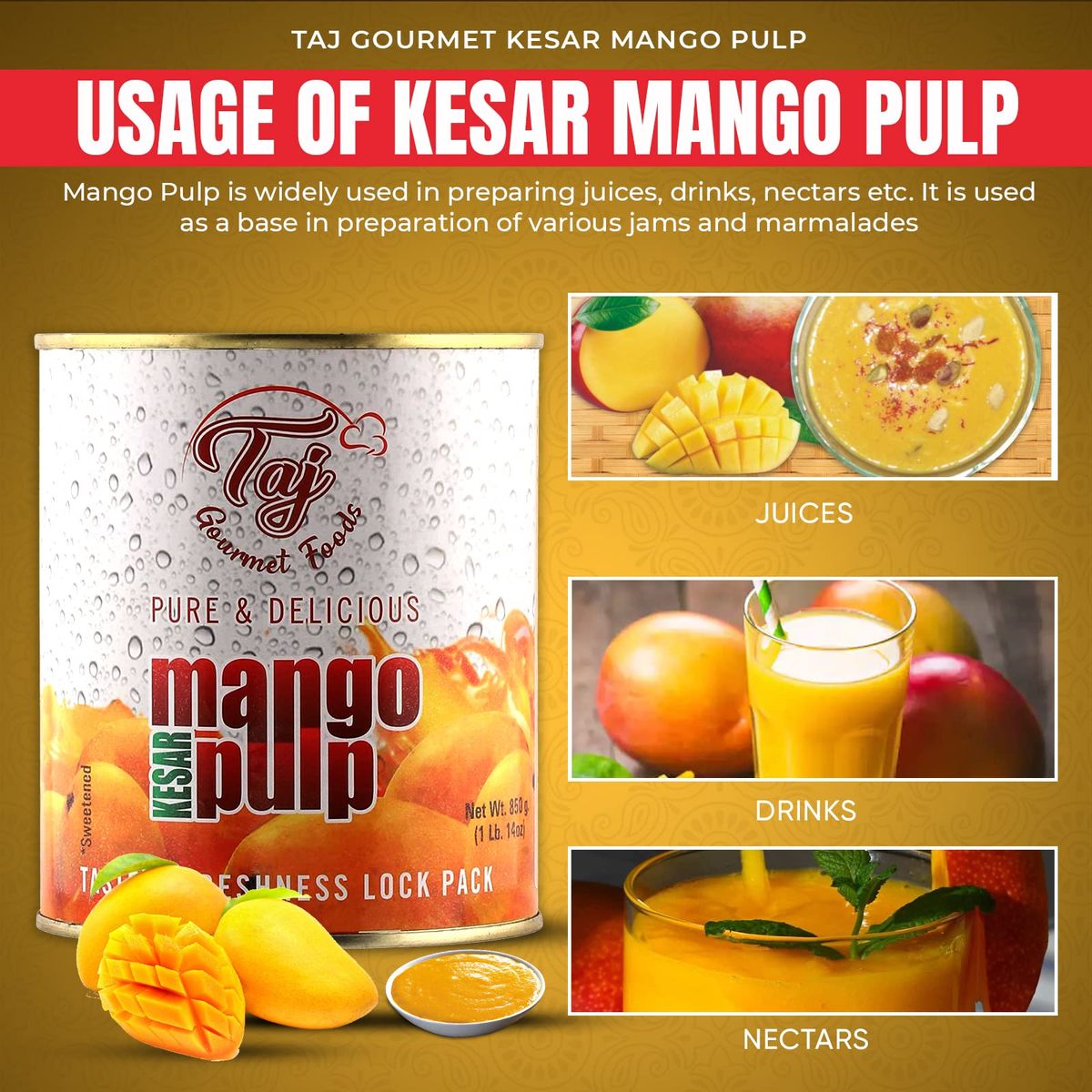 TAJ Kesar Mango Pulp Sweetened Mango Puree 30ounce 1