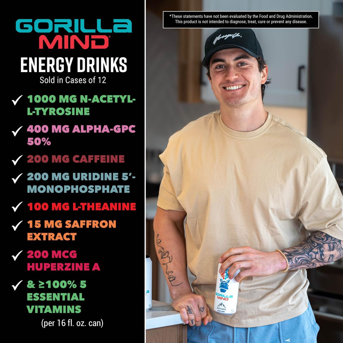 Gorilla Mind Energy Drink  Unmatched Energy  Amplified Focus  NAcetylLTyrosine AlphaGPC 200mg Caffeine Uridine Saffron  0 Sugar Or Artificial Colors  16oz 12Pack Variety Pack 1