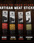 ICON Meats Snack Sticks Sampler  Assorted Flavors of Bison Elk and Venison Jerky Sticks  24 Pack of Individually Wrapped Meat Sticks 6 Per Flavor  USDA Approved All Natural Artisan Meats