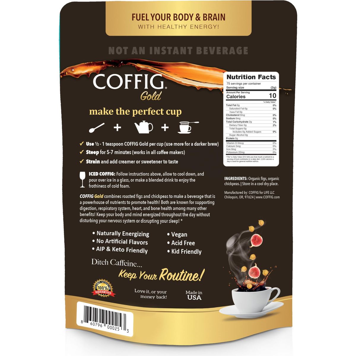 Coffig Gold  Coffee Substitute  Alternative  Roasted Fig  Chickpea Coffee  Caffeine Free Herbal Energy Drink  Healthy Beverage for Men  Women  Keto  Vegan Friendly  529oz 150g