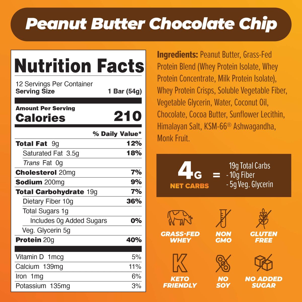 Atlas Protein Bar 20g Protein 1g Sugar Clean Ingredients Gluten Free Peanut Butter Chocolate Chip 12 Count Pack of 1