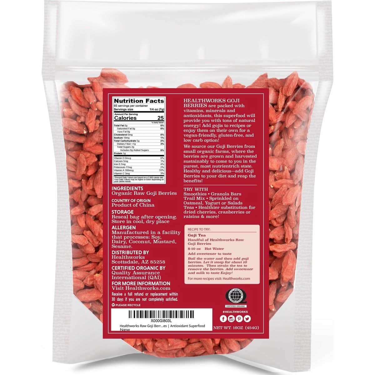 Healthworks Raw Goji Berries 16 Ounces  1 Pound  Certified Organic  SunDried  Keto Vegan  NonGMO  Baking Teas  Smoothies  Antioxidant Superfood