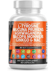 L-Tyrosine 1000mg Mucuna Pruriens 6000mg Bacopa Monnieri 500mg Ashwagandha 4000mg Focus Supplement with N-Acetyl Cysteine 600mg NAC 5-HTP Ginkgo Biloba Alpha GPC L Theanine Vitamin C D B1 B12 USA Made