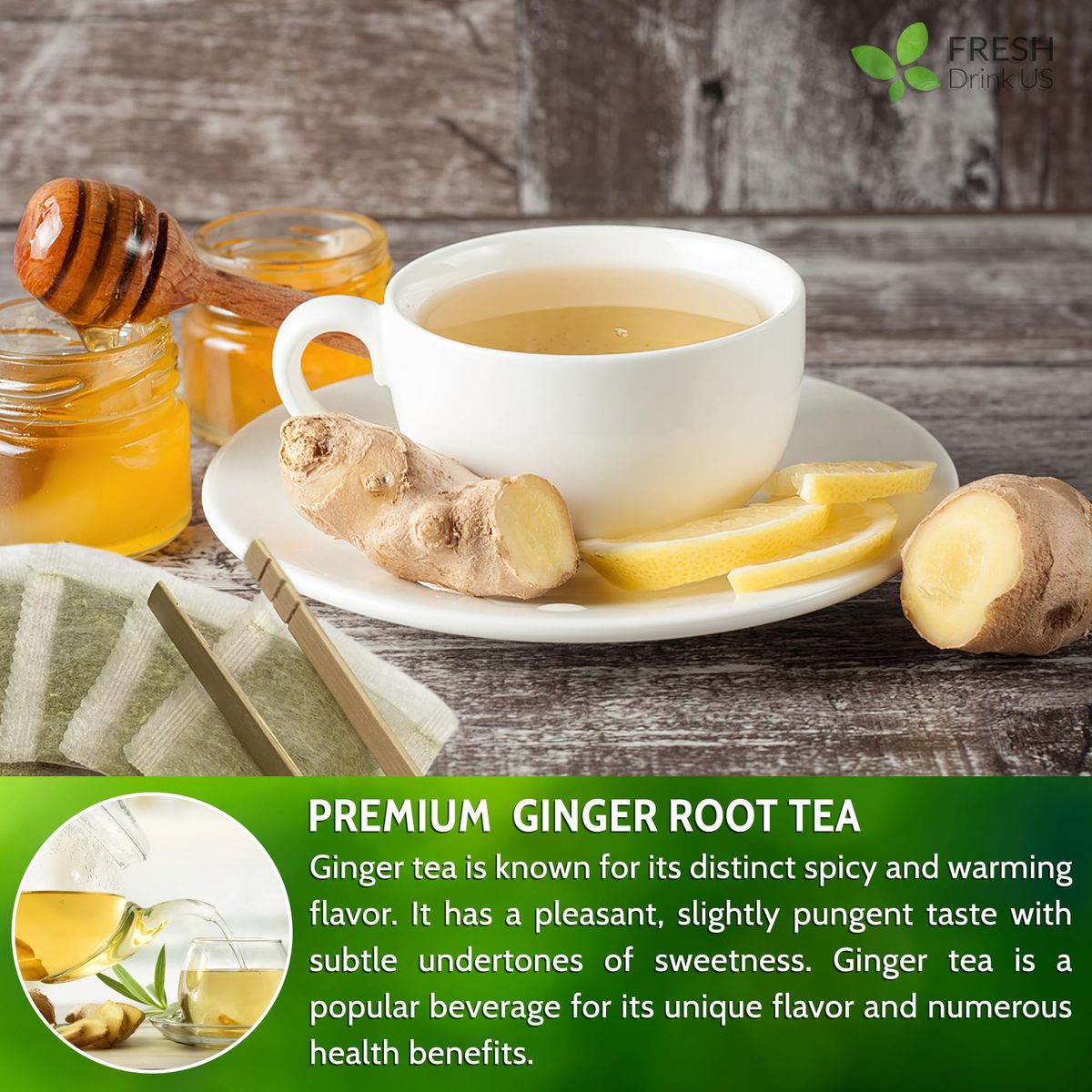 FreshDrinkUS Premium 120 Ginger Tea Bags 100 Natural  Pure from Ginger Roots Ginger Tea Ginger Herbal Tea Ginger Tea No Sugar No Caffeine No Gluten Vegan