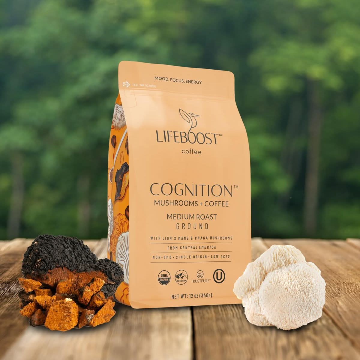 Lifeboost Cognition Adaptogenic Mushroom Coffee  Lions Mane  Chaga Nootropic Coffee  Great Tasting Medium Organic Coffee  Increase Energy Boost Focus  Immune Support  12 oz Bag  Ground