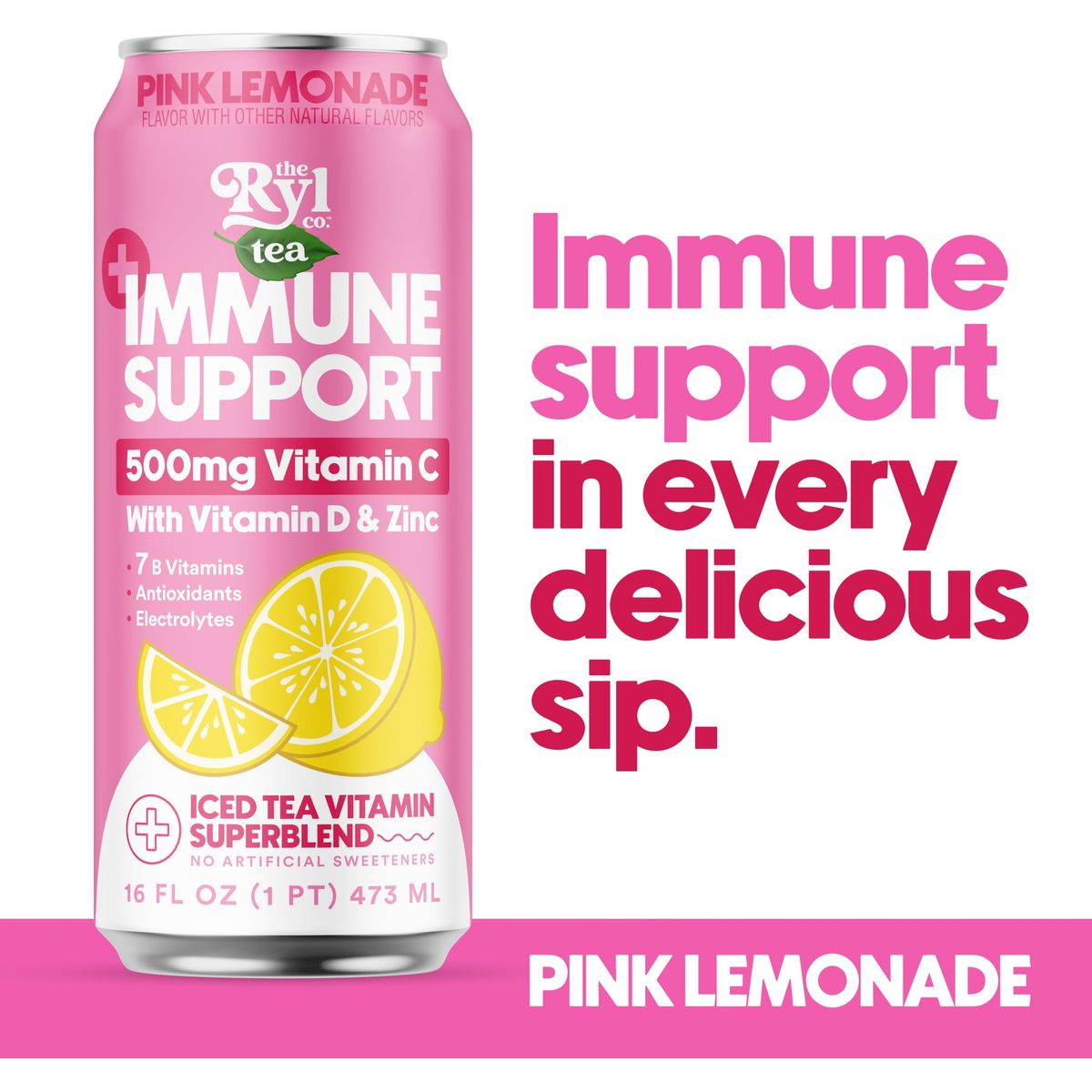 Ryl Immune Support Iced Tea Pink Lemonade 500mg Vitamin C with Vitamin D  Zinc Zero Sugar Zero Calories 160 Fl Oz 12Pack