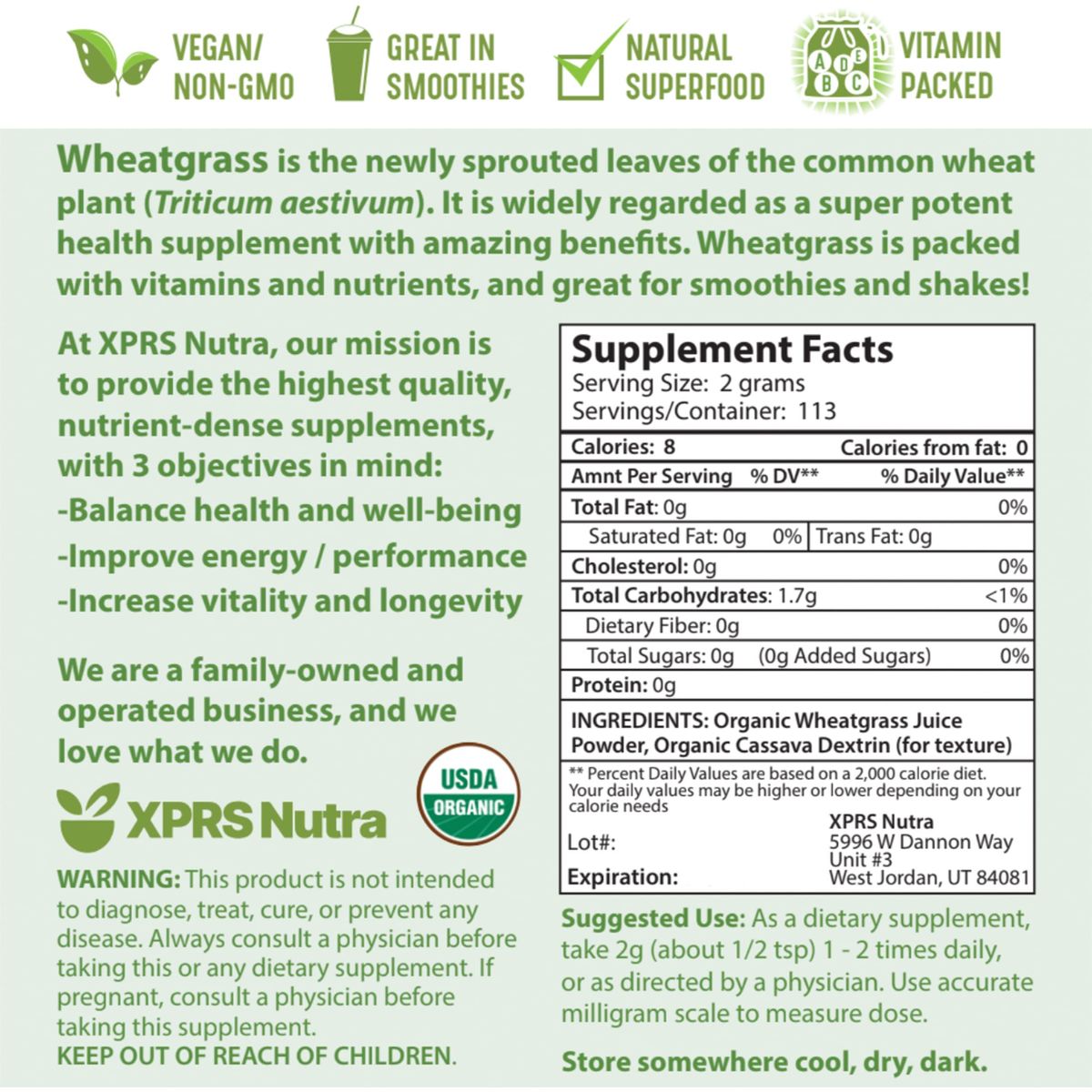 XPRS Nutra Organic Wheatgrass Juice Powder  Sustainably Grown in The US  Instant Wheat Grass Juice Powder Made from Concentrated Juice  More Potent Than Organic Wheatgrass Powder  8 Ounce