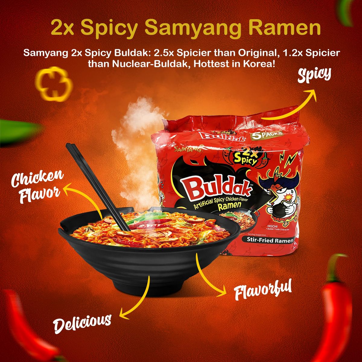 CraveRly Japanese 2 Ramen Bowls 2 pairs of Chopsticks and 15 Cheese Noodles Ramen Noodle Bowls for featuring Samyang Buldak Ramen Noodle Variety Pack includes Servings of Noodles of cheese flavor