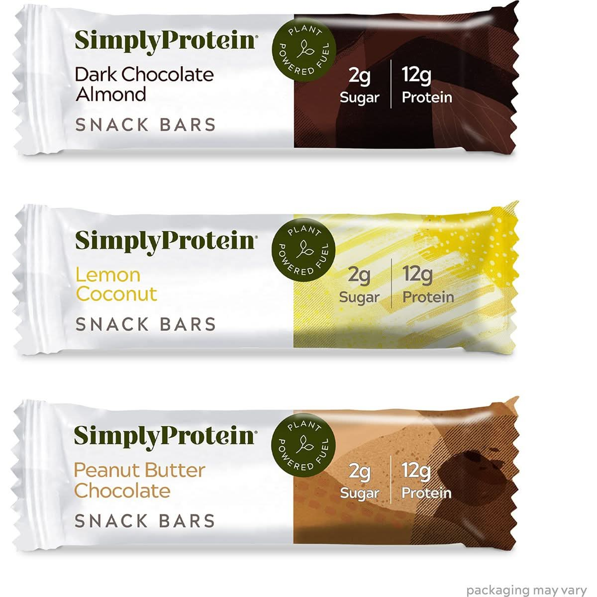 Simply Protein  Crispy Bars Variety Pack 3 Flavors  Plant Based Protein Bars Protein Snacks  12g Protein 2g Sugar 7g Fiber  Vegan Gluten Free Non GMO Kosher  12 Bars 3 Boxes