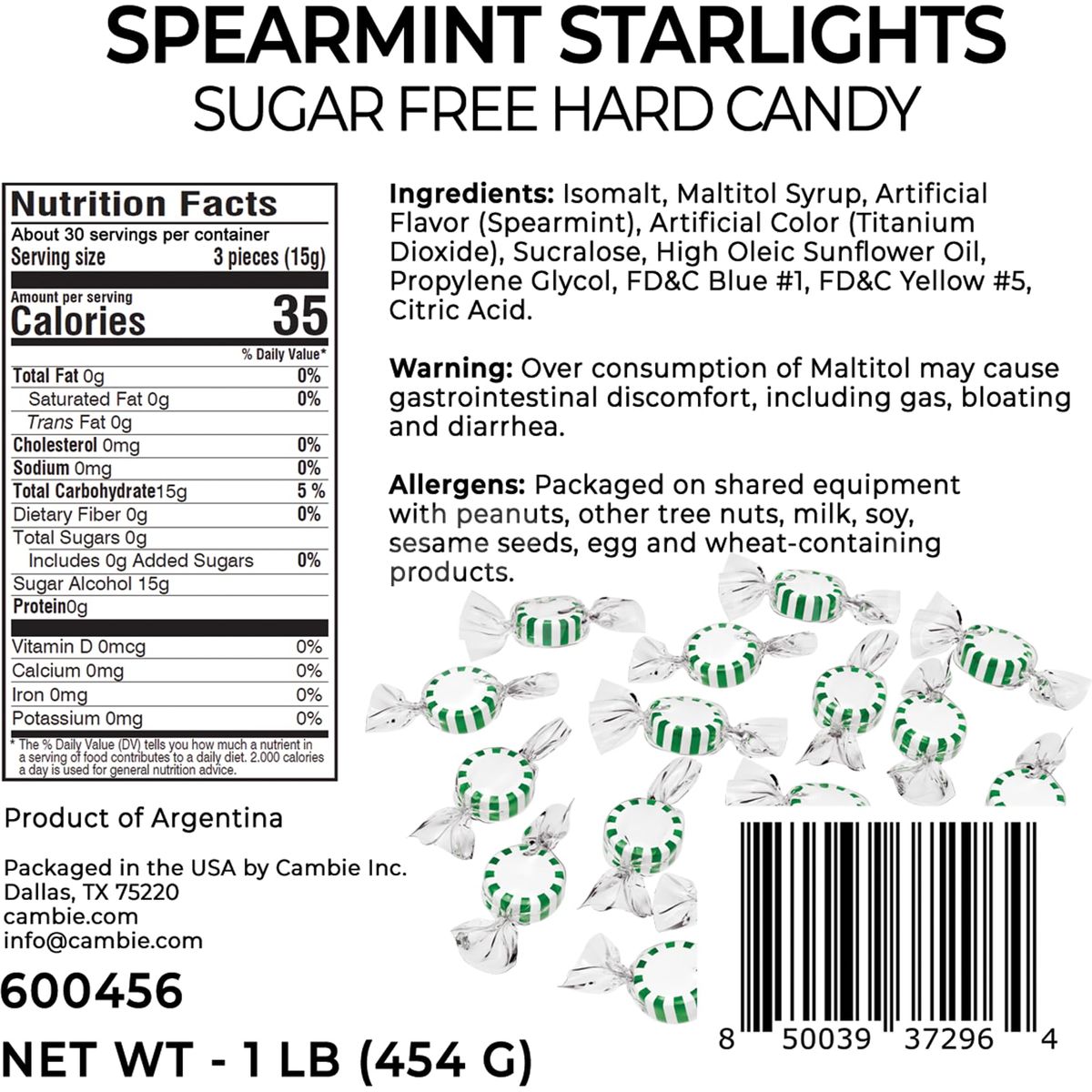 Sugar Free Spearmint Starlights by Cambie 1 lb of Spearmint Sugar Free Hard Candy Individually Wrapped Mints Deliciously Sweet Keto Friendly Candy 1 lb