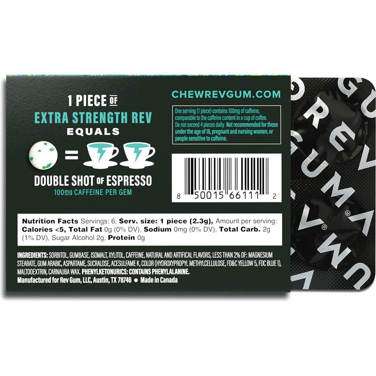 Rev Gum Caffeine Energy Gum  Extra Strength 100mg of Caffeine per Gem  Spearmint Sugar Free Caffeine Gum  Low Calorie Chews to Help You Stay Alert Awake and Focused  Mint Chewing Gum  12 Packs