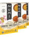 Numi Organic Three Roots Turmeric Tea, 12 Tea Bags (Pack of 3) With Ginger, Licorice, Rose, Caffeine Free, Packaging May Vary