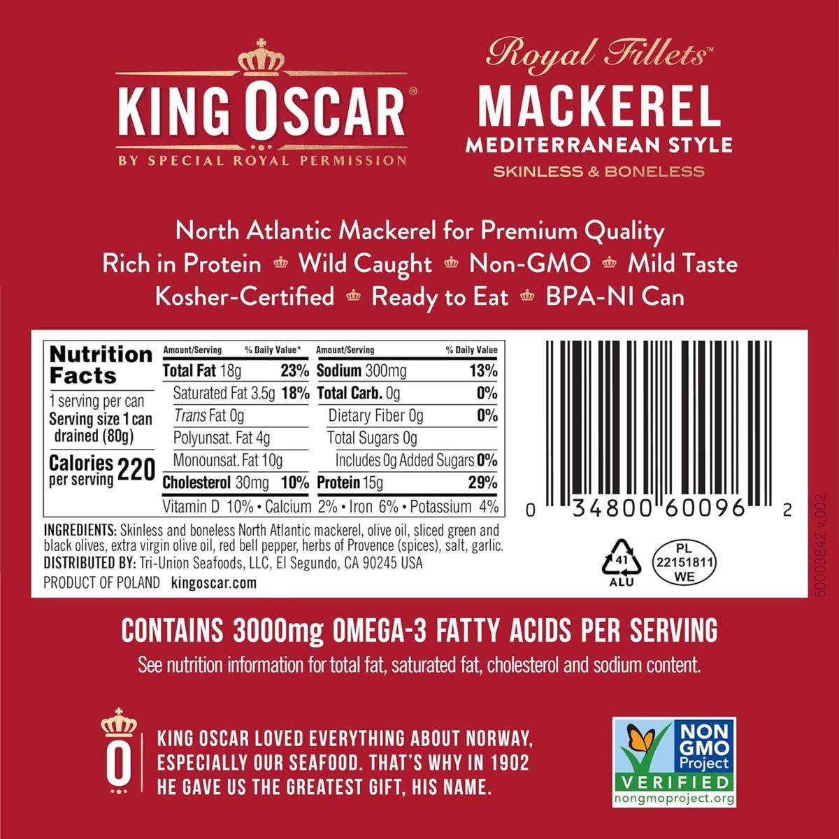 King Oscar Skinless  Boneless Mackerel Fillets Mediterranean Style Pack of 6 with By The Cup Toothpicks