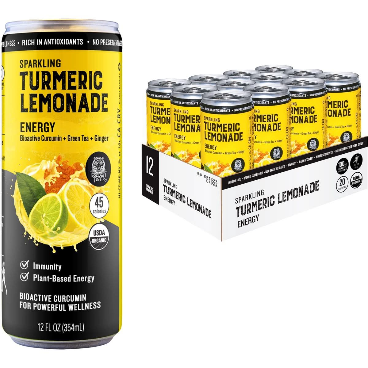 Golden Tiger  Organic Sparkling Turmeric Lemonade  Energy  Plant Based Energy and Recovery Support  Bio Active Curcumin  Green Tea  Ginger  12 Cans  ReEnergize with Plant Based Energy