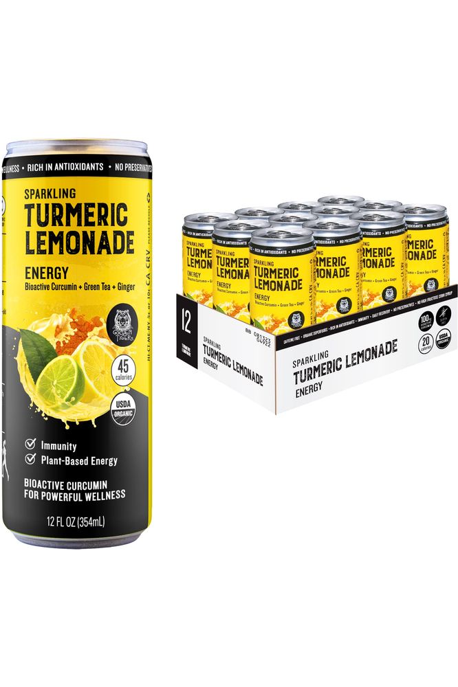 Golden Tiger  Organic Sparkling Turmeric Lemonade  Energy  Plant Based Energy and Recovery Support  Bio Active Curcumin  Green Tea  Ginger  12 Cans  ReEnergize with Plant Based Energy