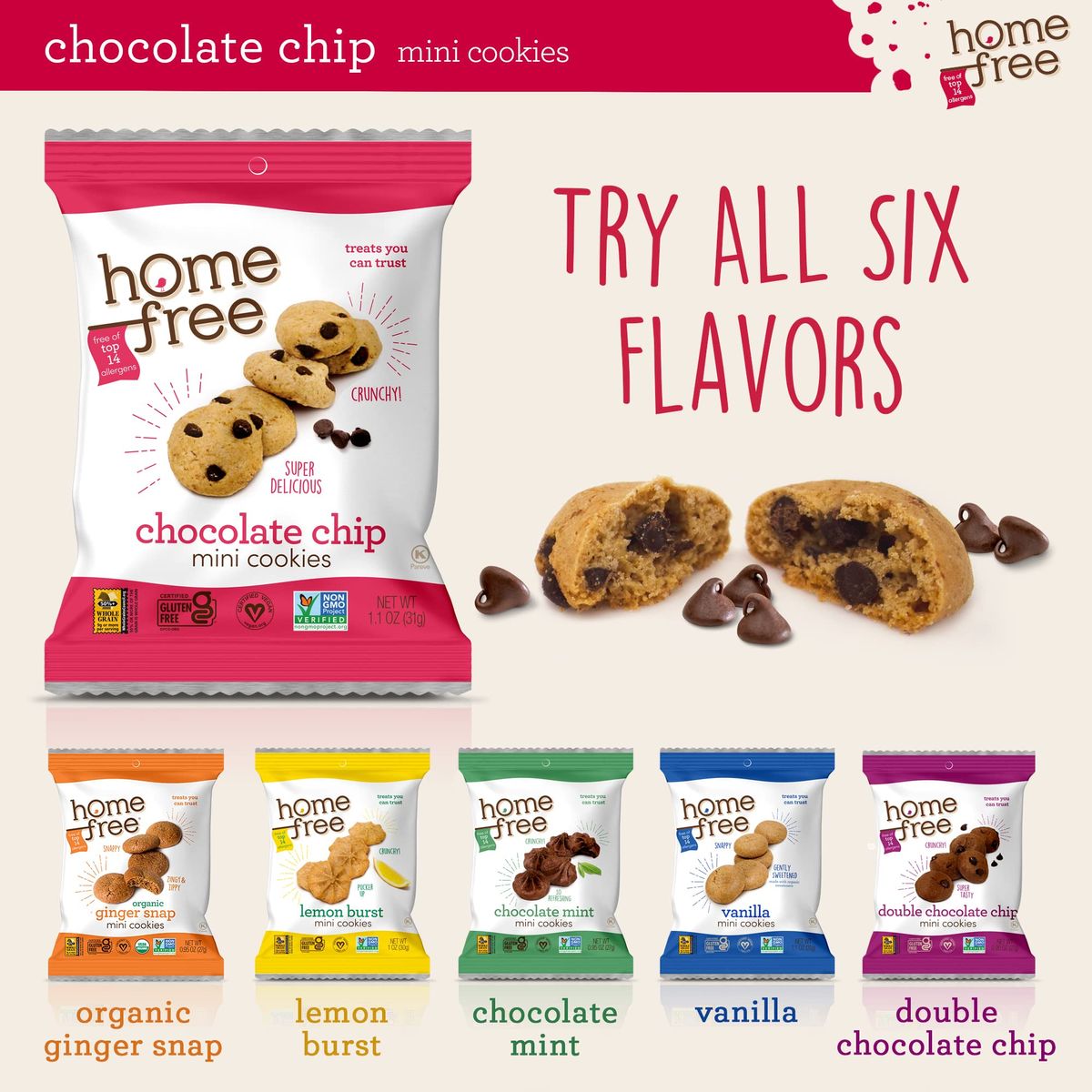 Homefree Mini Chocolate Chip Cookies Gluten Free Nut Free Vegan Individually Wrapped Packs School Safe and Allergy Friendly Snack 11 oz Pack of 10