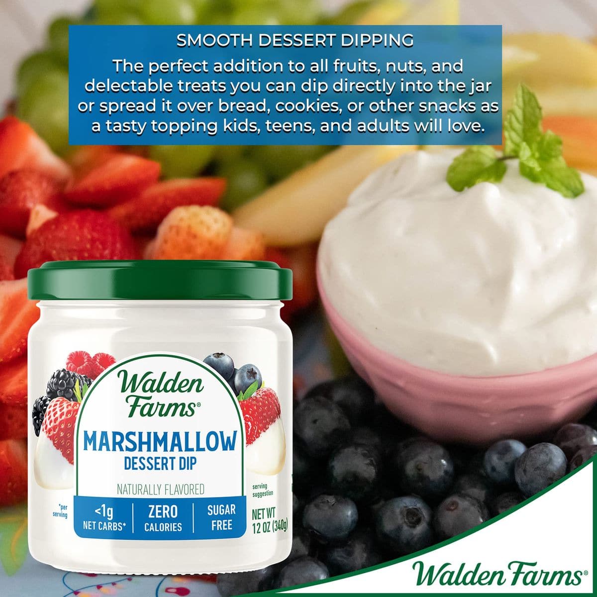 Walden Farms Marshmallow Dipping 12 oz Jar  Smooth  Creamy Vegan Paleo and Keto Friendly 0g Net Carbs  Perfect for Fruit Platters Ice Cream Parfait Smoothies Crackers and More