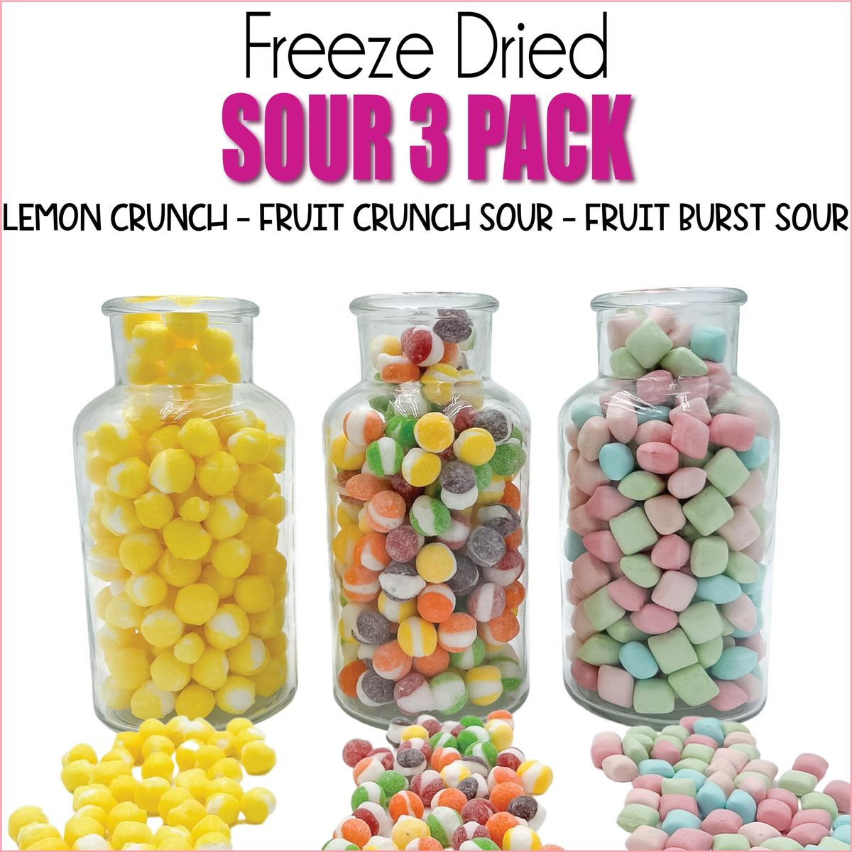 Freeze Dried Candy 3 Pack  Fruit Crunch Sour Lemon Crunch Fruit Burst Mini Sour Variety Gift Bundle  45 oz  3 Pack  Treat Snack Sampler Set Assortment