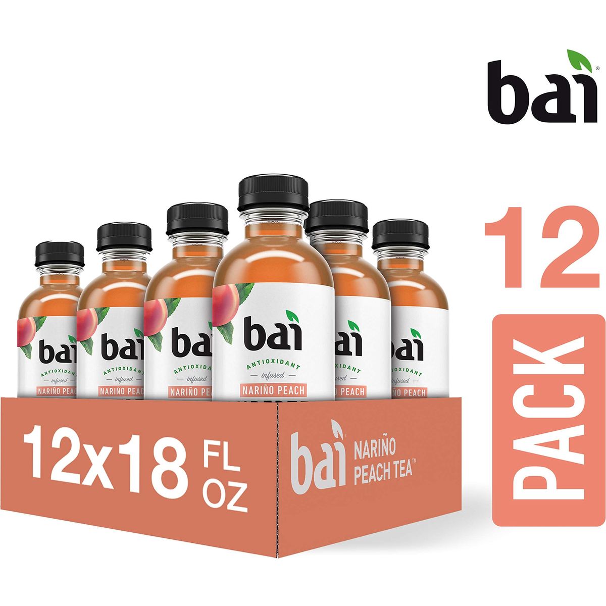 Bai Iced Tea Narino Peach Antioxidant Infused Supertea Crafted with Real Tea Black Tea White Tea 18 Fluid Ounce Bottles 12 count