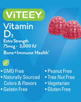 Vitamin D3 Gummies 3000 IU 75mcg Extra Strength VIT D Chewable, Supports Bone Health Support, Joint Muscle Health, Immune Support, for Men Woman and Kids, Berry Flavor, Vegetarian, Pectin Gummy Chews