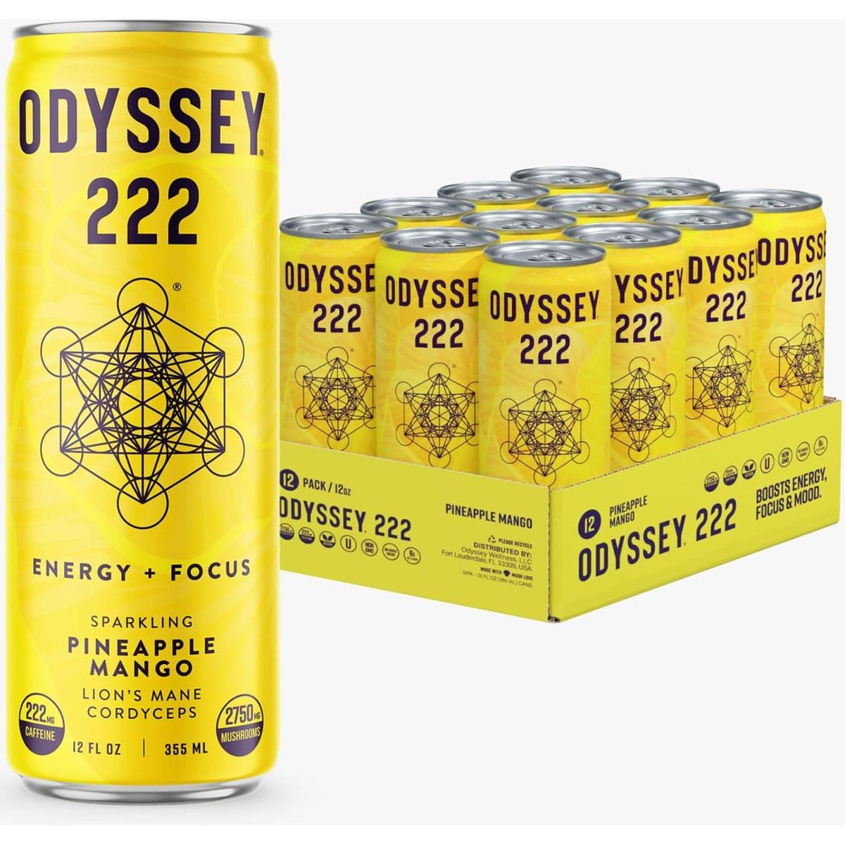 Odyssey Elixir  Odyssey 222  Sparkling Energy Drink  222 mg of Caffeine  Lions Mane  Cordyceps  Energy  Focus  Endurance  Stamina  Nootropic  Pre Workout  Pineapple Mango