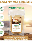 Healthworks Maca Powder Raw 32 Ounces  2 Pounds  Certified Organic Flour Use  Keto Vegan  NonGMO  Premium Peruvian Origin  Breakfast Smoothies Baking  Coffee