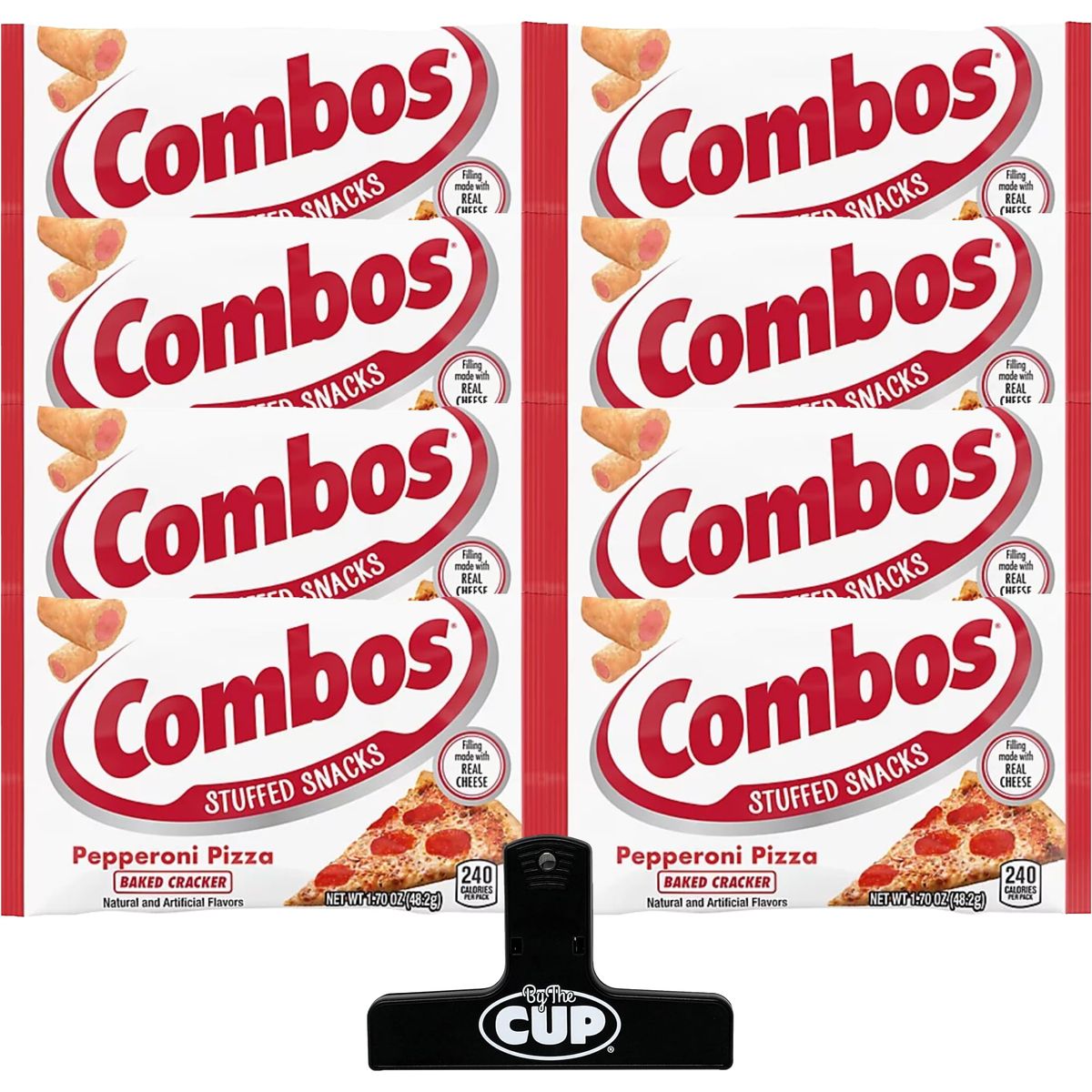 Combos Pepperoni Pizza Baked Cracker Singles 17 oz Bag Pack of 8 with By The Cup Bag Clip