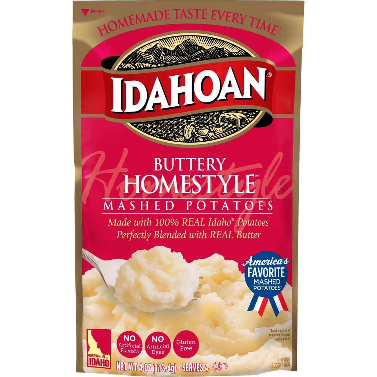 Idahoan Foods Buttery Homestyle Mashed Potatoes 4 oz Bag Pack of 4 with By The Cup Swivel Spoon