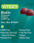 Biotin Gummies 10,000mcg - Highest Potency Vitamin B7 & H for Healthy Hair Growth, Skin & Nails - Dietary Supplement, Vegan, Pectin Gummy - for Adults Teens & Kids -Raspberry Flavor [60 Count-1 Pack]