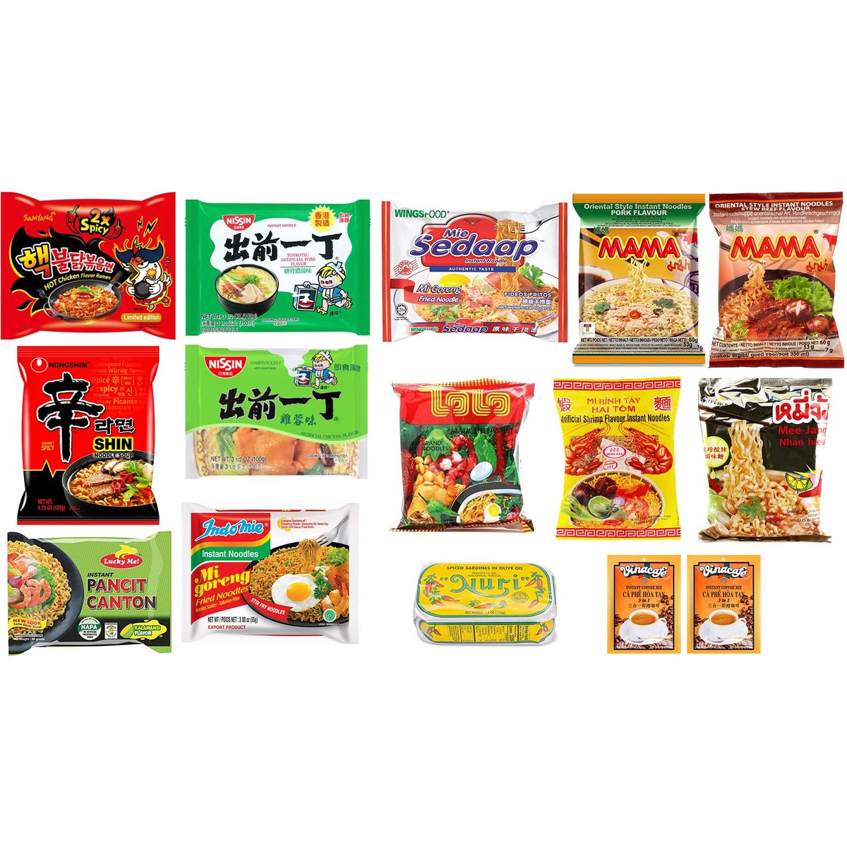 INFINITEESHOP Asian Instant Ramen Variety Pack with Sardines  Free Snacks  12 Pack Assorted  Student Care Package