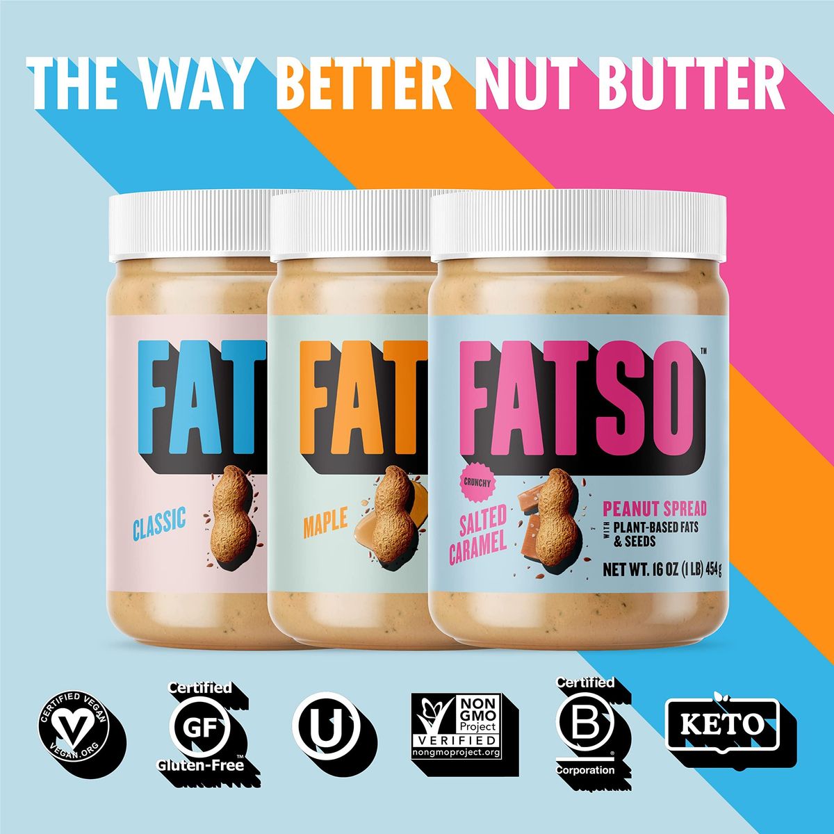 FATSO Crunchy Salted Caramel Peanut Butter - Natural Nut Spread w/Plant-based Seeds &amp; Superfats - Keto-friendly, Gluten-free &amp; Sugar-free Protein Butter - (16oz Jar, 2 Pack)