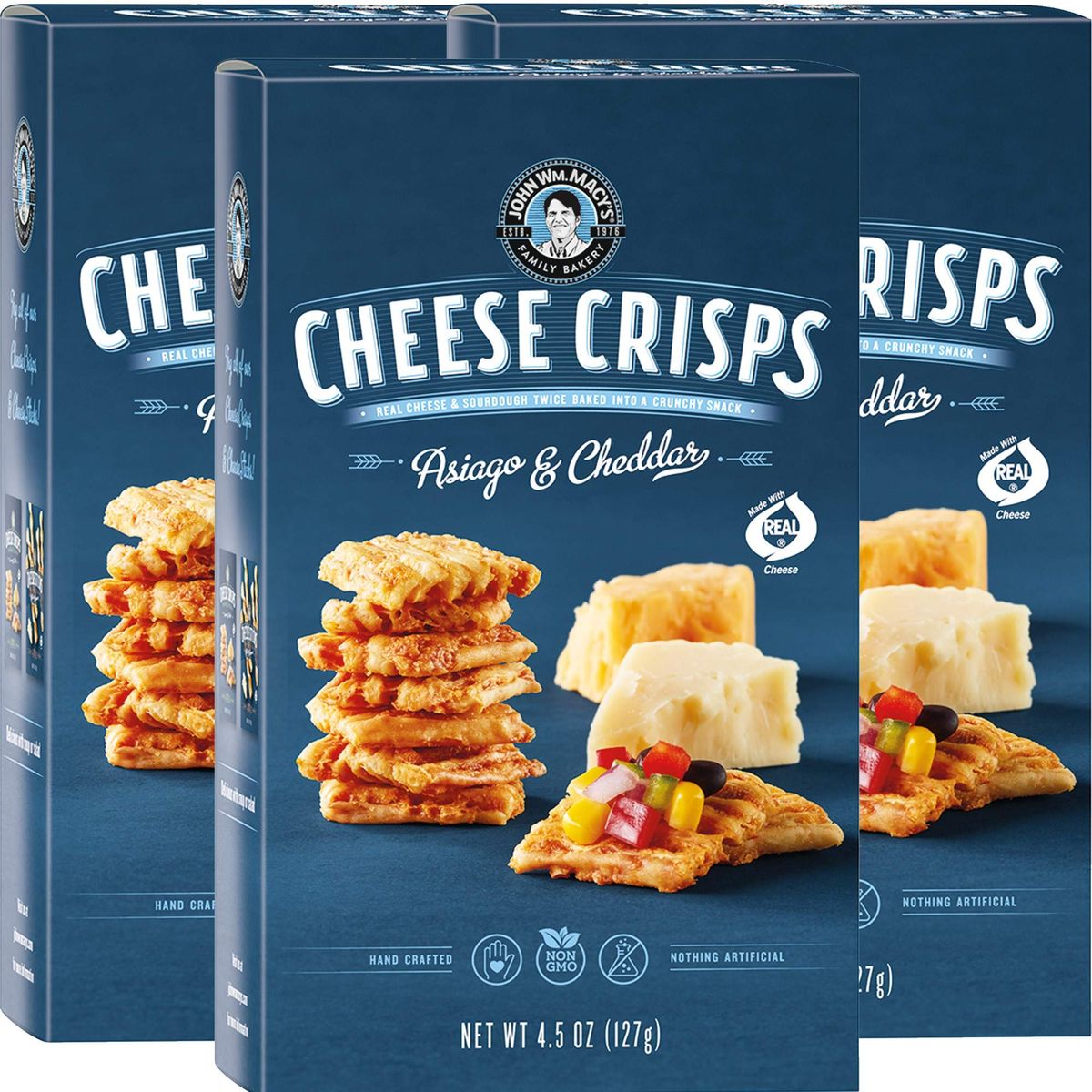 John Wm Macys CheeseCrisps  Asiago  Cheddar  Twice Baked Sourdough Crackers Made with 100 Real Aged Cheese Non GMO Nothing Artificial  45 OZ 3 Pack