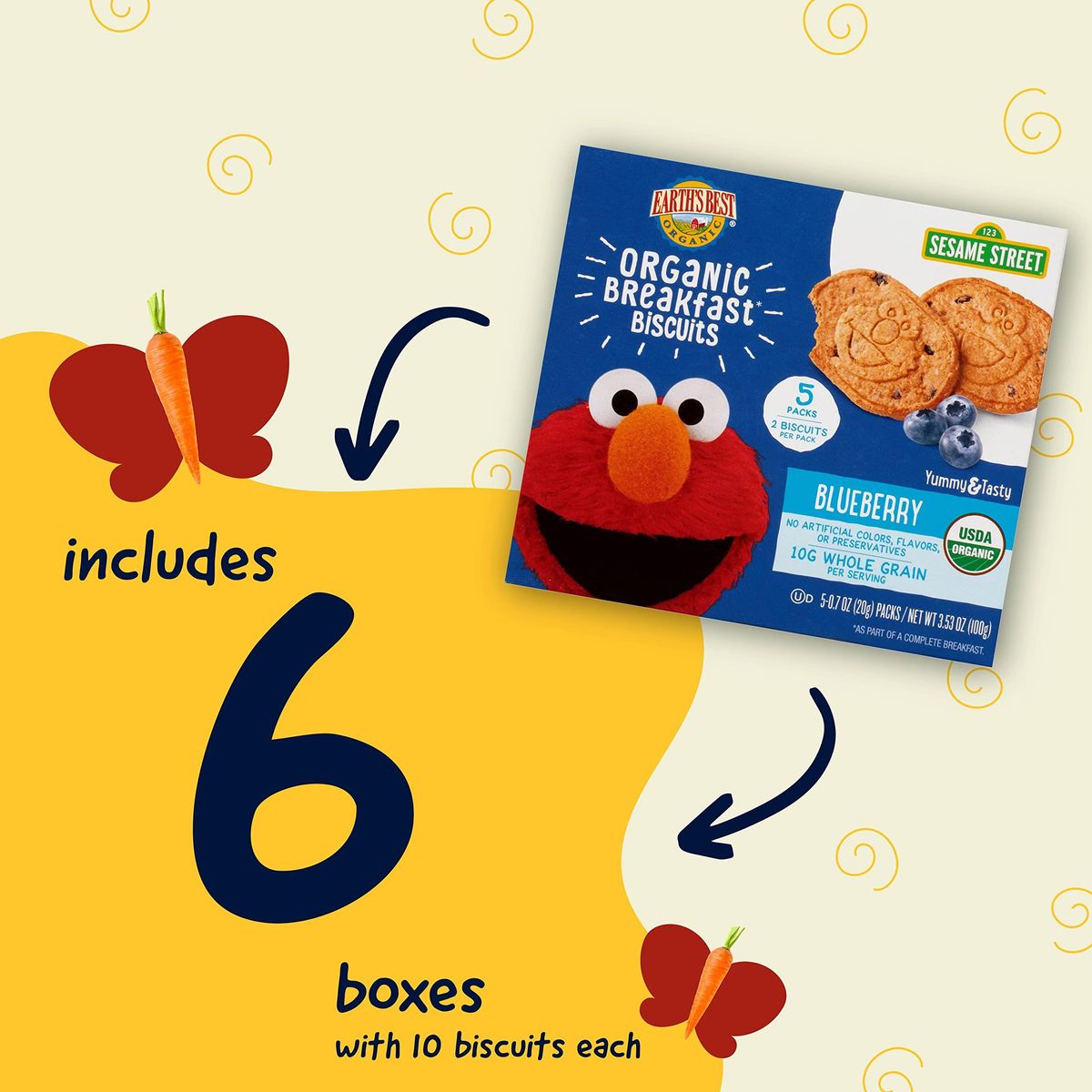 Earth&#39;s Best Organic Kids Snacks, Sesame Street Toddler Snacks, Organic Breakfast Biscuits for Kids 2 Years and Older, Blueberry, 2 Biscuits - 5 Count (Pack of 6)