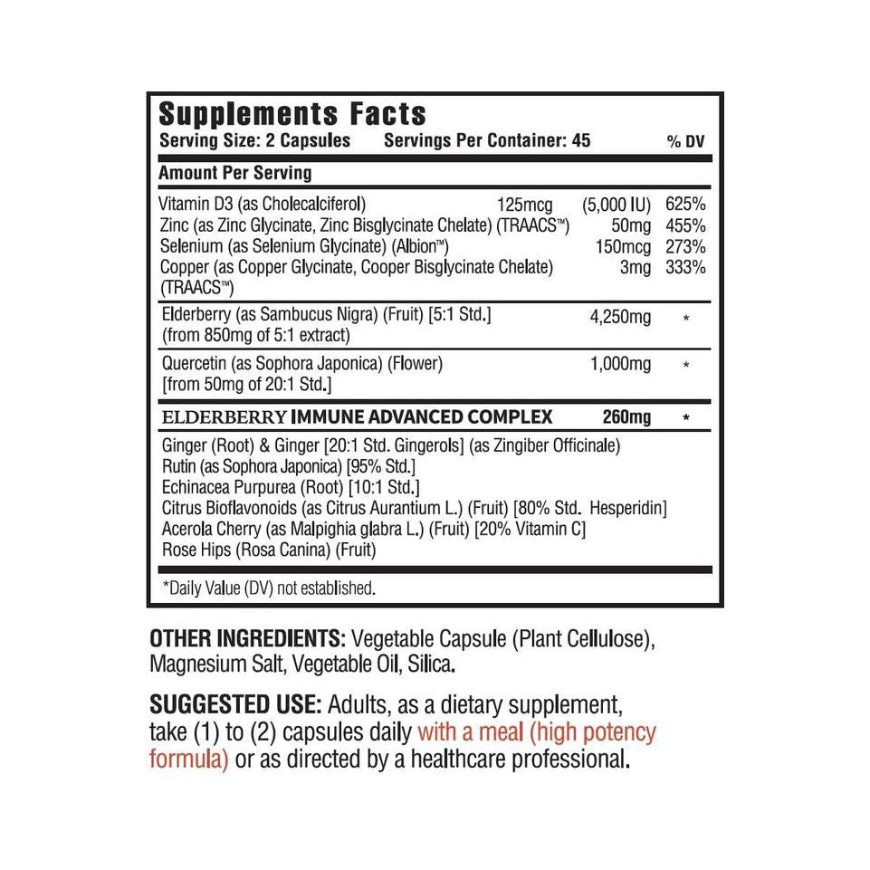 (90 Capsules), Quercetin 1,000mg, Elderberry 4,250mg, Zinc 50mg, Vitamin D3 5,000iu, Selenium, Copper, Acerola, Ginger, Rutin, Bitter Orange, Rose Hips, Echinacea, 12 in 1 Immune Advanced Complex. - Whlsome - Herbal Supplements