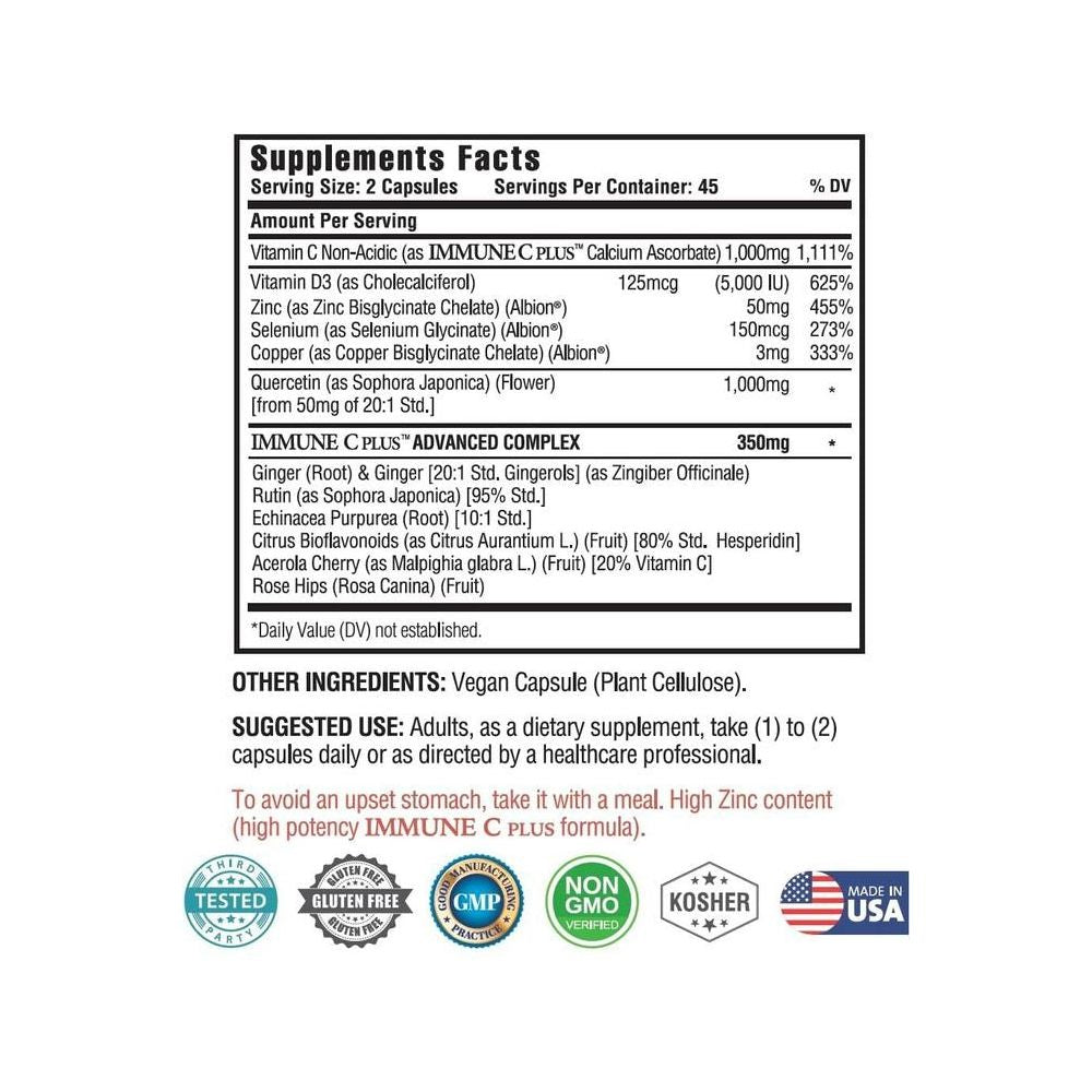 (90 Capsules), Quercetin 1,000mg, Vitamin C 1,000mg, Zinc 50mg, Vitamin D3 5,000iu, Selenium, Copper, Acerola, Ginger, Rutin, Bitter Orange, Rose Hips, Echinacea, Immune C Plus, 12 in 1 Immune C Plus - Whlsome - Vitamins &amp; Supplements