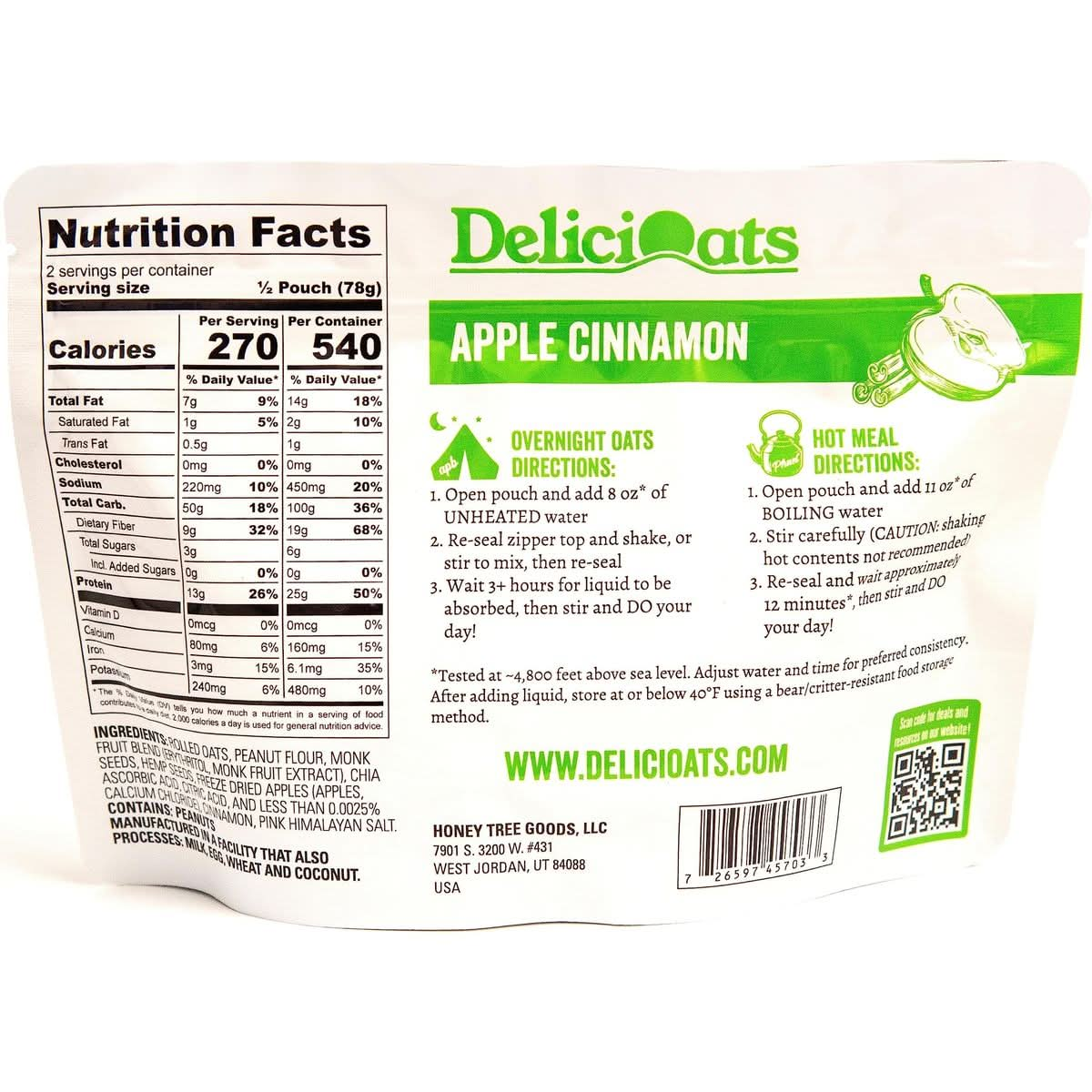 DeliciOats Overnight Oats  HighProtein Vegan Oatmeal for Backpacking Camping Emergency Food and Everyday Breakfast  55oz Package  Two Servings  1Pack  Apple Cinnamon