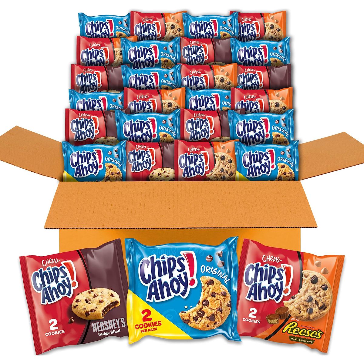 CHIPS AHOY! Cookie Variety Pack, Original Chocolate Chip with Reese&#39;s Peanut Butter Cups &amp; Chewy Hershey&#39;s Fudge Filled Soft Cookies, 50 Snack Packs (2 Cookies Per Pack)