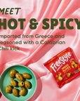 Freestyle Snacks Olive Snack Packs - Single Serve - Fresh Pitted Green Olives, Jumbo-Sized, Grown in Greece, All Natural, Non-GMO, Paleo, Sugar-Free, Keto, Salty Snack - Hot and Spicy, 1.1oz (6 Pack)