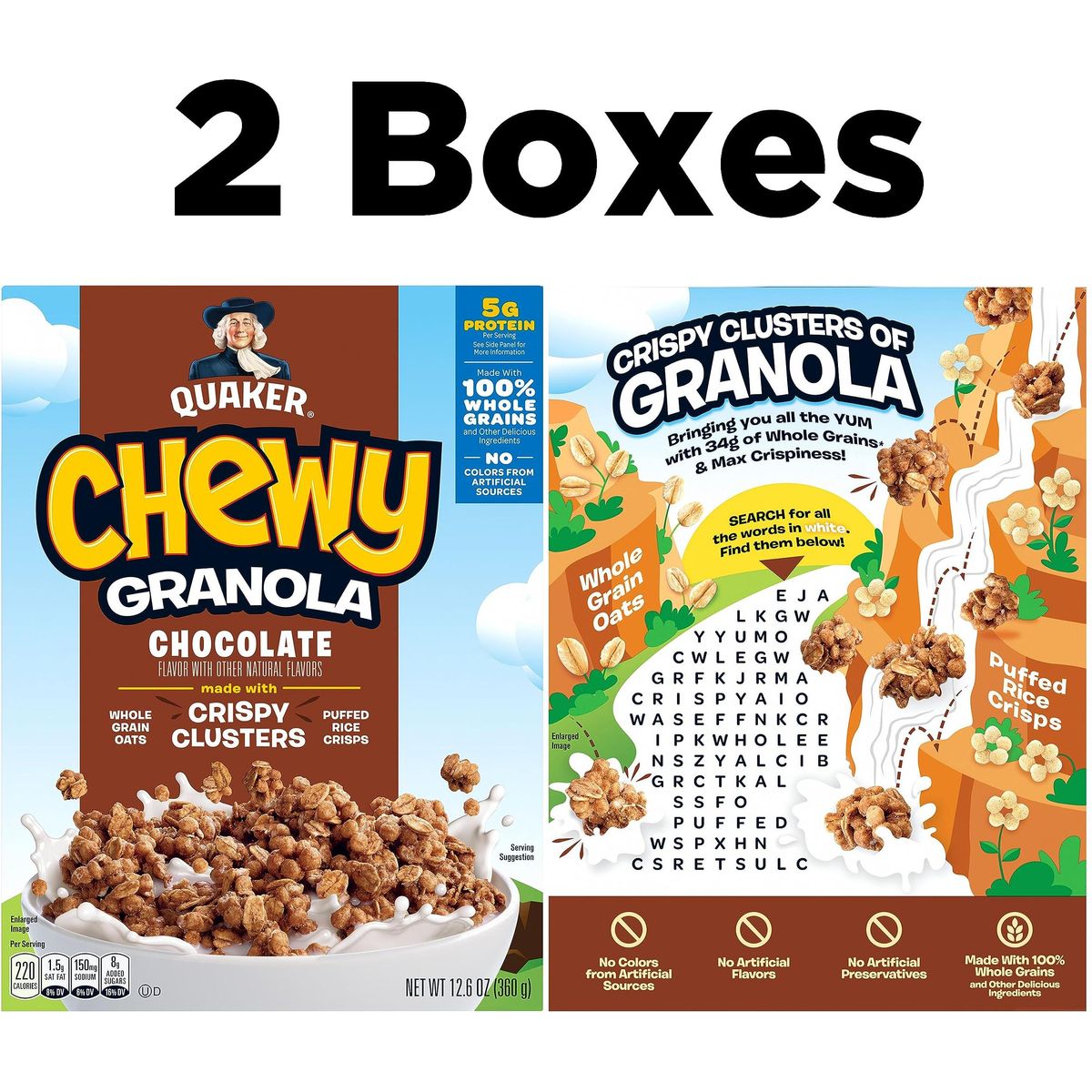 Quaker Chewy Granola Breakfast Cereal, Chocolate, 13.6oz Box, (2 Pack)