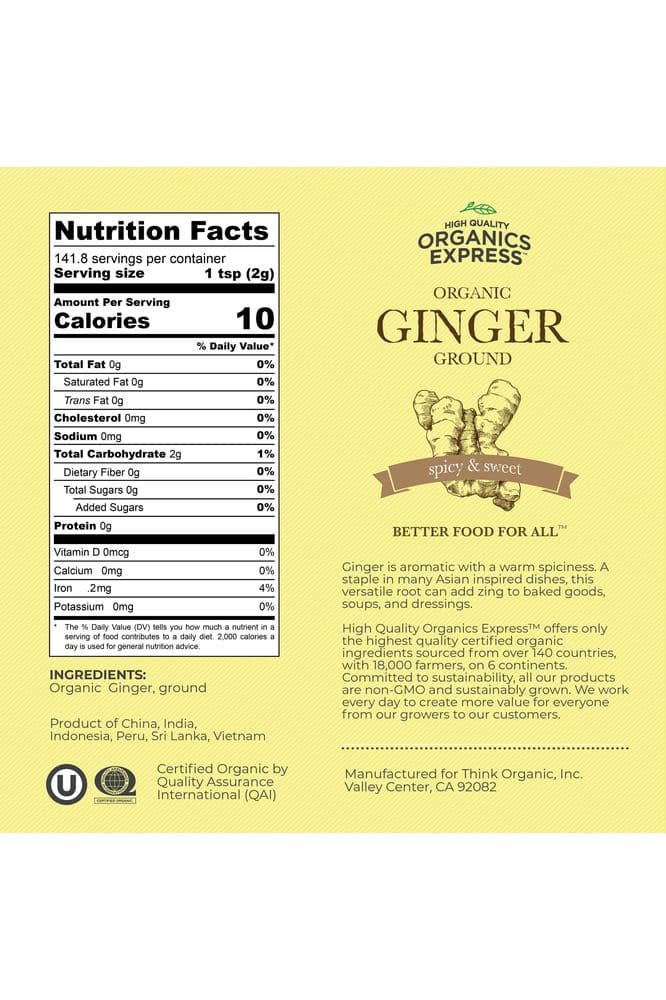 HQOExpress Organic Ground Ginger - Non GMO, Kosher, USDA Certified Organic Ginger Powder - Hot and Spicy Aromatic Seasoning for Baking, Rubs, Marinades and Smoothies, 14 oz. Chef Jar