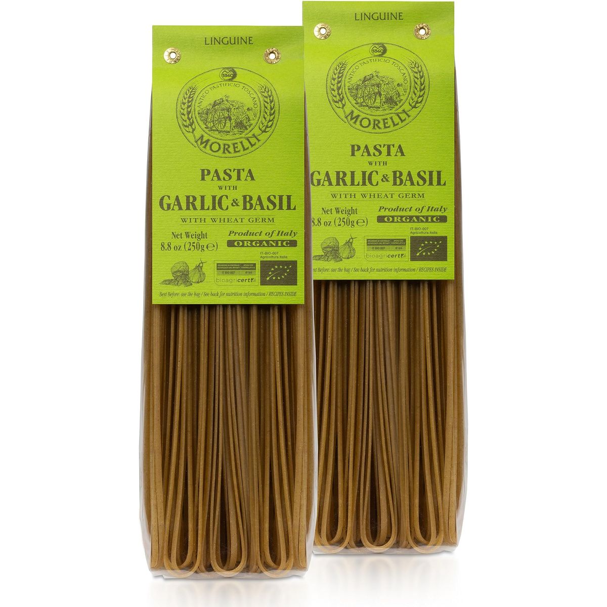 Morelli Italian Pasta Organic Garlic and Basil Linguine - Gourmet Pasta Handmade in Small Batches - Durum Wheat Semolina, Al Dente, Italian Pasta from Italy 8.8oz / 250g - Pack of 2