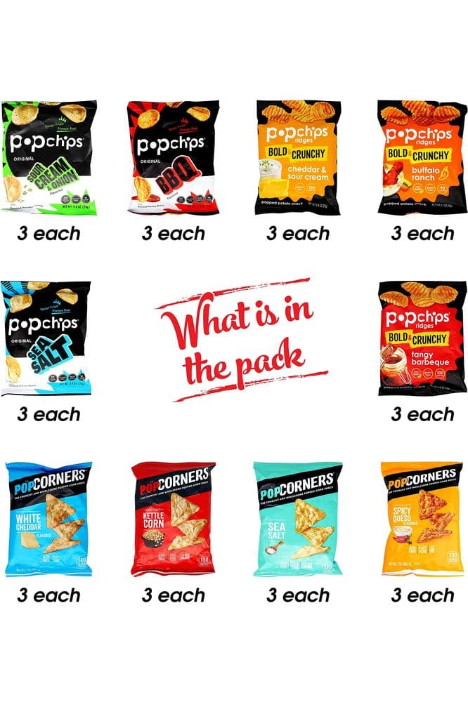 Popcorners and Popchips Variety Snack Pack - 30 Count Box Bulk with Tangy Barbeque pop chips, Buffalo Ranch, and Cheddar &amp; Sour Cream, Sea Salt, Bbq, and Sour Cream &amp; Onion, Kettle Corn, White Cheddar, Sea Salt and Spicy Queso | Niro Assortment