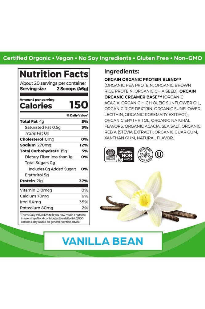 Orgain Organic Vegan Protein Powder, Vanilla Bean - 21g Plant Based Protein, Gluten Free, Dairy Free, Lactose Free, Soy Free, No Sugar Added, Kosher, For Smoothies &amp; Shakes - 2.03lb