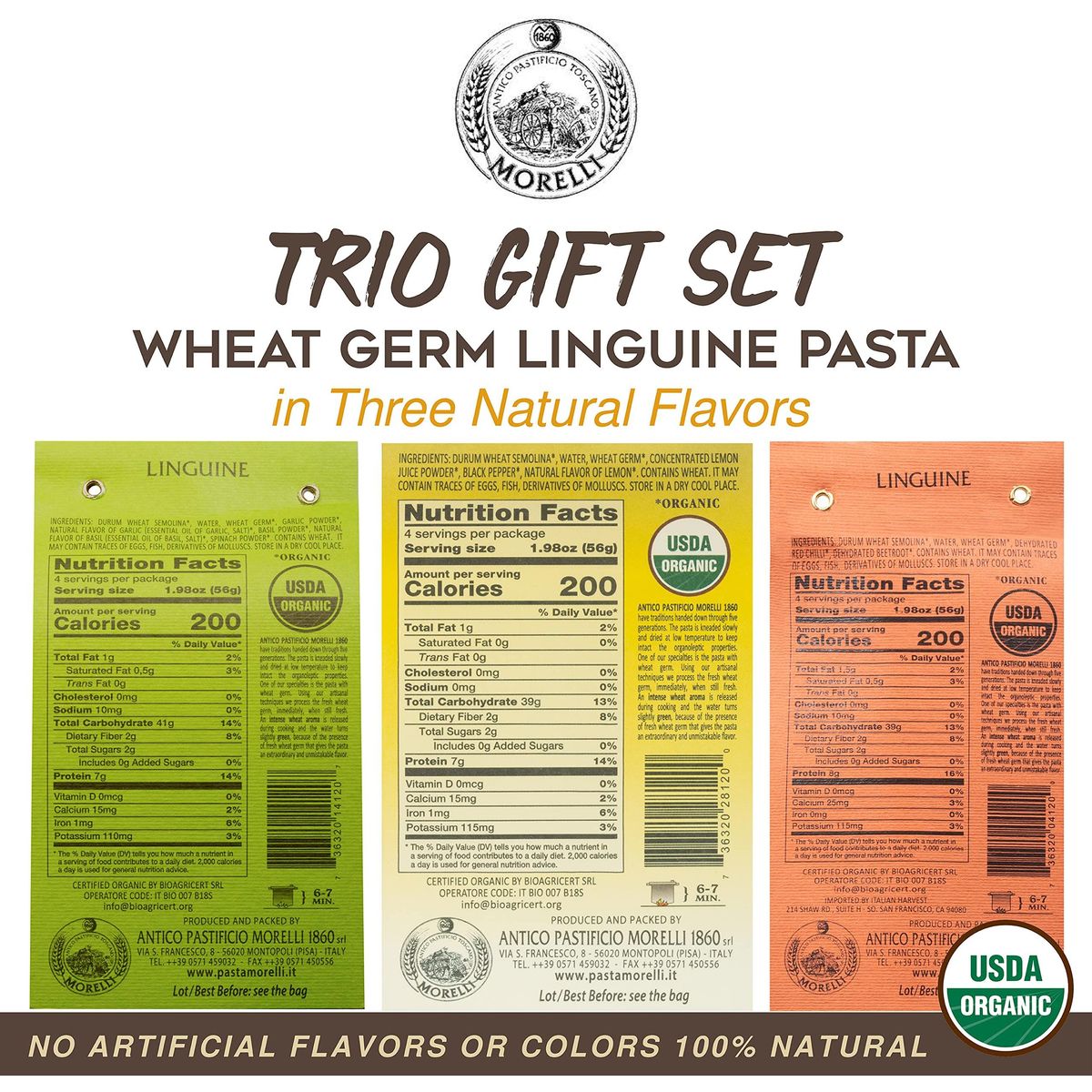 Morelli Gourmet Pasta Italian Gift Basket From Italy - Tricolor Pasta Linguine Set - Red Chili, Garlic &amp; Basil, and Lemon Pasta - Tricolored Organic Pasta from Italy, Made in Italy (3x 8.8 Ounce)