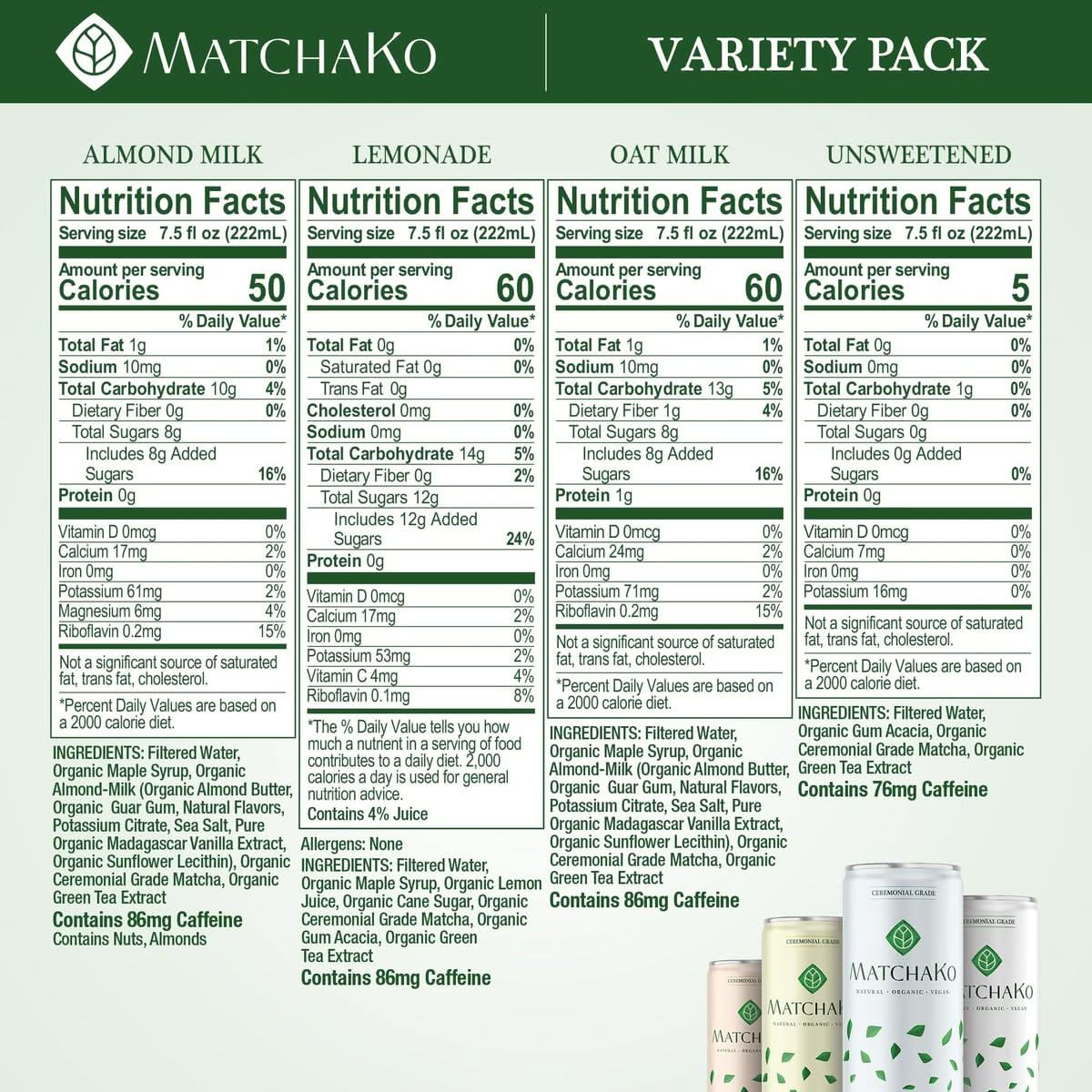 MatchaKo Matcha Beverage Variety Pack Organic Vegan Made with Japanese Ceremonial Grade Green Tea Matcha Powder Energy from L Theanine Oat  Almond Milk Matcha Latte Unsweetened  Lemonade Flavors 75 fl oz 4 Pack