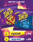 Takis Fuego (20) and Blue Heat (20) Rolled Spicy Tortilla Chips, Hot Chili Pepper Lime and Hot Chili Pepper Flavored Chips Variety Pack, 40 Individual Bags, 1 Ounce Each