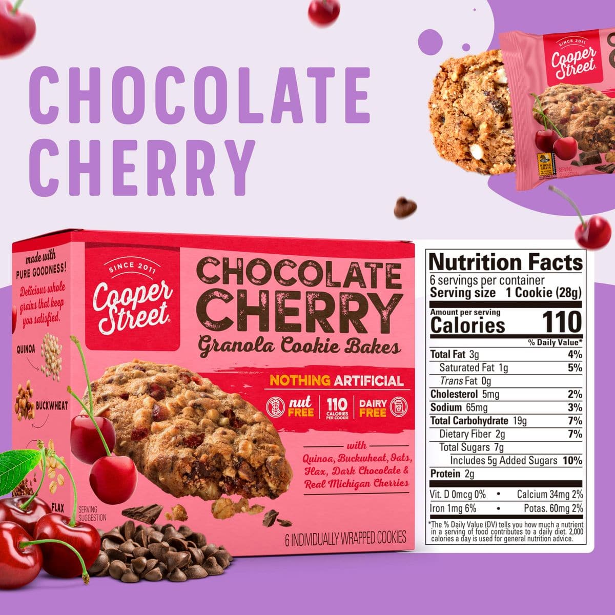 Cooper Street Granola Bakes  Health Chewy Breakfast Granola Bars with Chia Flax Buckwheat and Oats in Delicious Chocolate Cherry Flavor  Individually Wrapped Healthy Breakfast Bars  12 oz  1 Pack